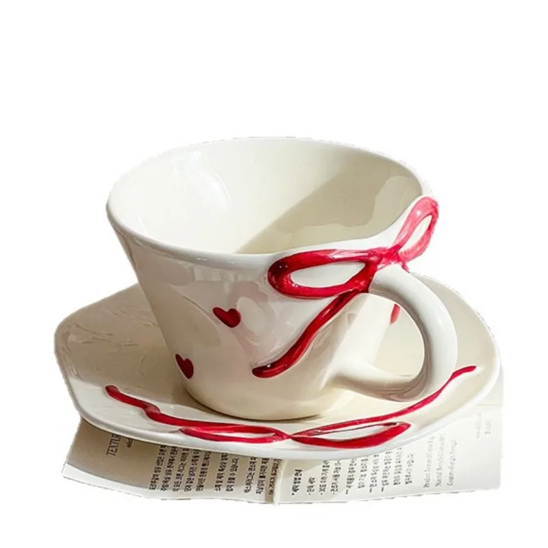 مجموعة أكواب قهوة من السيراميك بفيونكة ثلاثية الأبعاد بلون تحت التزجيج، كوب لاتيه بسعة كبيرة، كوب ماء تذكاري على شكل قلب