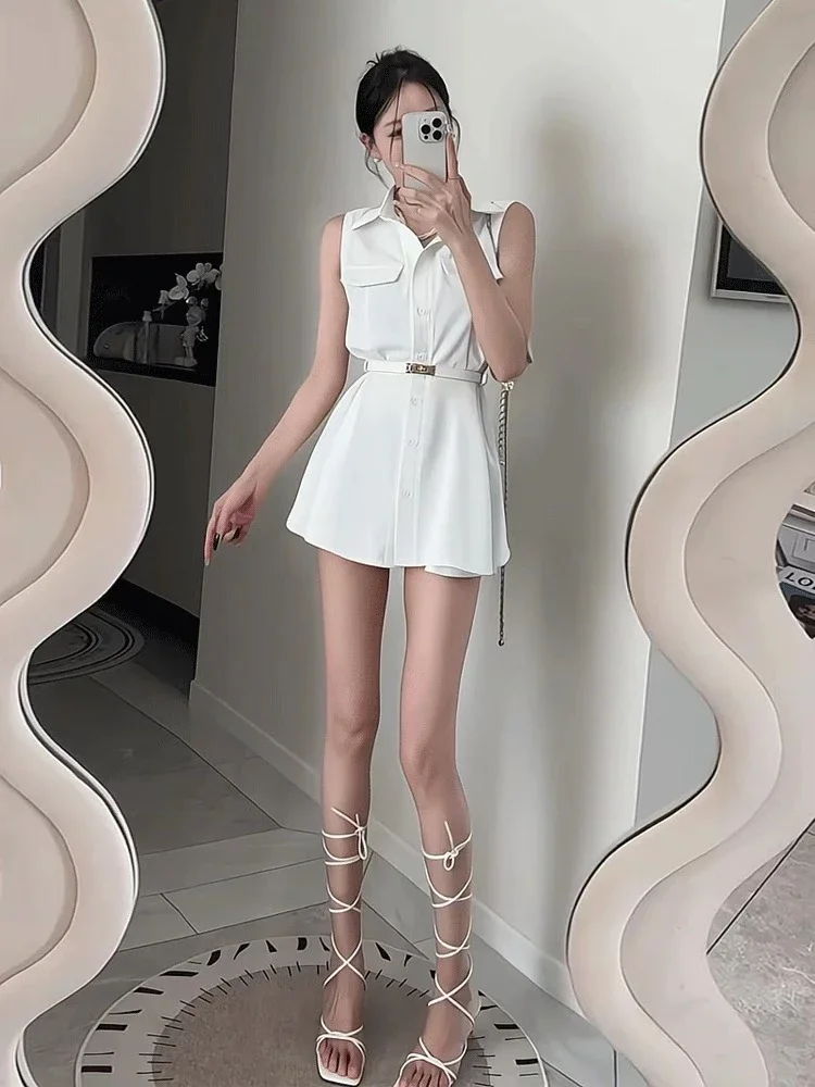 Slimming Effect Summer  Collar Sister Sle Design Svel Waist Cinching irt Dr with Belt High Waist A-Line Skirt