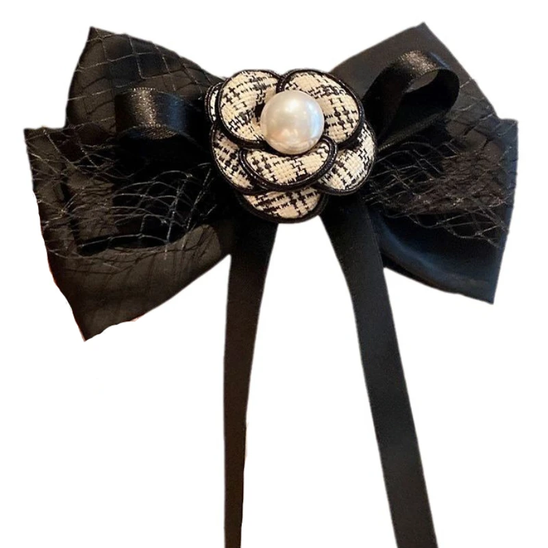 Korean Satin Black Bow Knot Camellia Flower Spring Hair Clips Hairpin Female Design Sense Grid Fashion Temperament Top  New