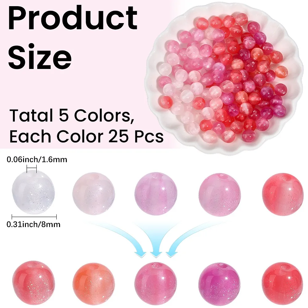 

125Pcs 5 Colors Resin UV Reactive Beads Color Changing Beads Round with Glitter Powder Mixed Color 8x7.5~8mm Hole: 1.6mm
