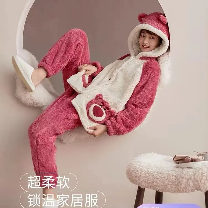 Disney New Strawberry Bear Pajamas Women's Autumn And Winter Coral Fleece Thickened Fleece-lined Cute Home Furnishings Suit