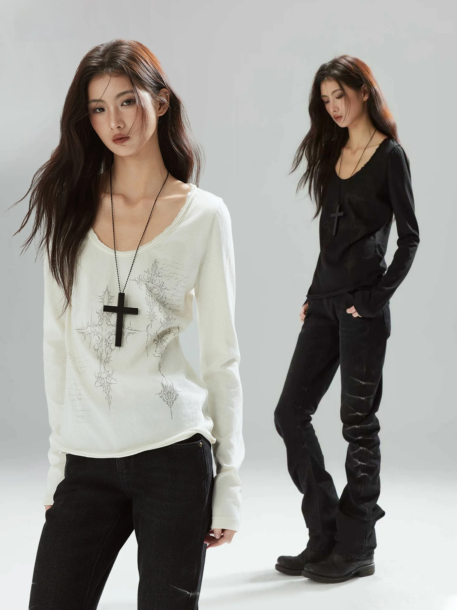 

Свободная вязаная футболка с длинным рукавом, повседневный хлопковый топ с круглым вырезом и принтом для женщин, модный тренд весеннего сезона