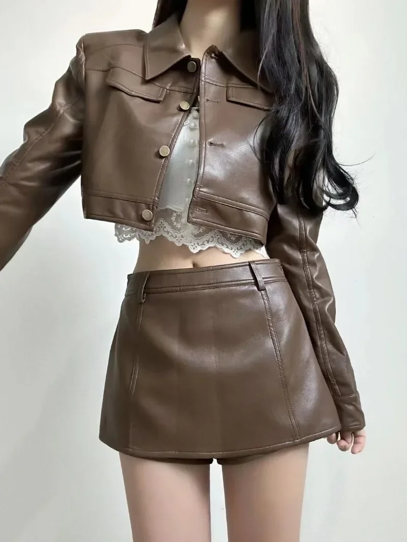 Retro Polo Collar Leather Coat Skirt Two Piece Set Women Cool Temperament Solid Single Breasted Fashion Short Slim Spring Suit