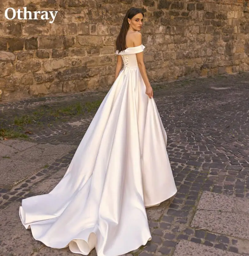 Otrray-vestidos De novia clásicos De satén con hombros descubiertos, traje De novia Formal con pliegues y abertura frontal, 2025