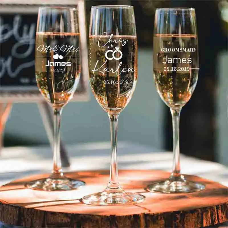 

Personalized Wedding Champagne Flute Custom Laser Engraving Glass Flute Cup Valentines Decorated Champagne Flute Bridesmaid Gift