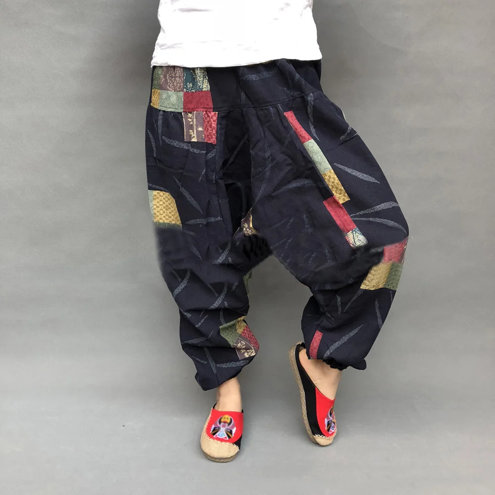 

Men's Summer Retro Casual Harem Pants Ethnic Print Large Crotch Loose Pants Elastic Waist Oversize Trousers Jogger Streetwear