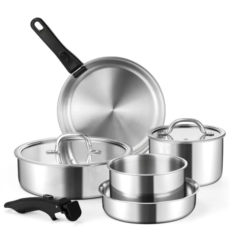 

9pcs Stainless Steel Cookware Set 3-Ply Pots and Pans with Detachable Handles and Lids Induction-Compatible Kitchen Cooking Set