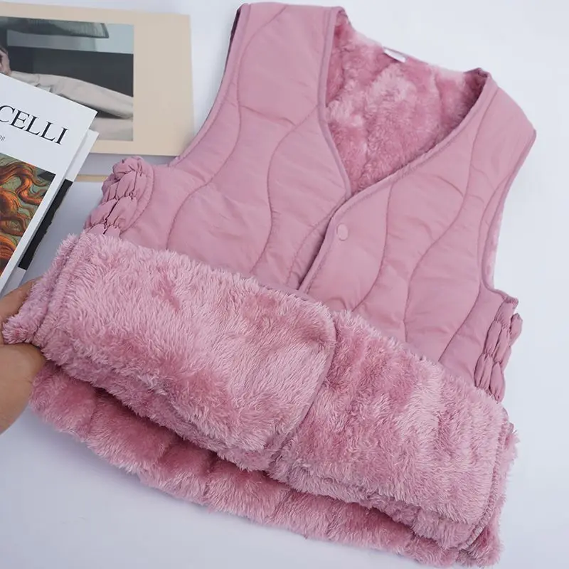 Autumn Winter Down Cotton Vests Women Fleece-Lined Warm Liner Waistcoat V-Neck Slim-Fit Cropped Tops Sleeveless Cardigan Jacket