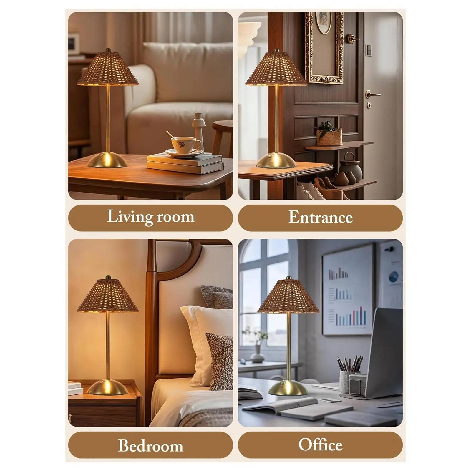 Portable LED Table Lamp Modern Touch Control Rattan Lampshade for Bedroom Office Desktop Centerpiece