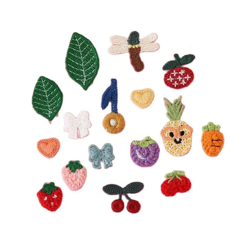 30PCS Cute Mini Fruit Carrot Cherry Leaves Embroidery Cloth Stickers Diy Knitted Love Bow Patch