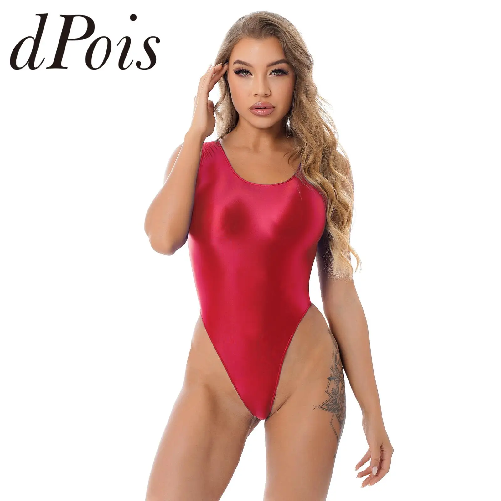 Women's Swimsuit Glossy One Piece Sleeveless High Cut Thong Leotard Bodysuit Sexy Swimwear for Woman Yoga Fitness Bathing Suit