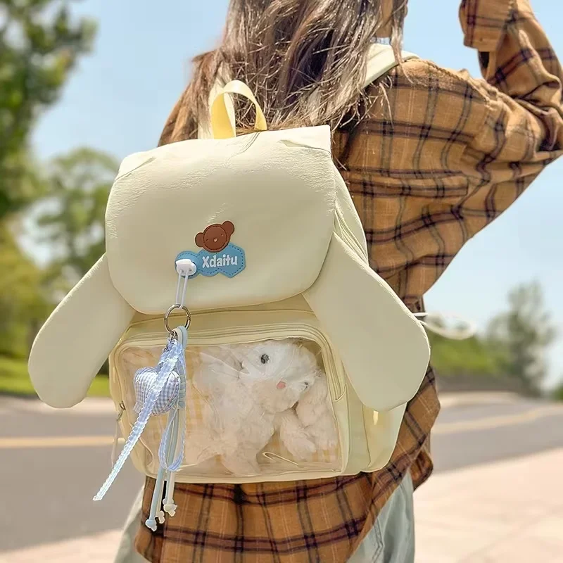 Y2k Bow Rabbit Ear Japanese Ita Backpack Lolita Girl's Transparent Bag Cute High Capacity Rucksack Preppy Style Ruffled Knapsack