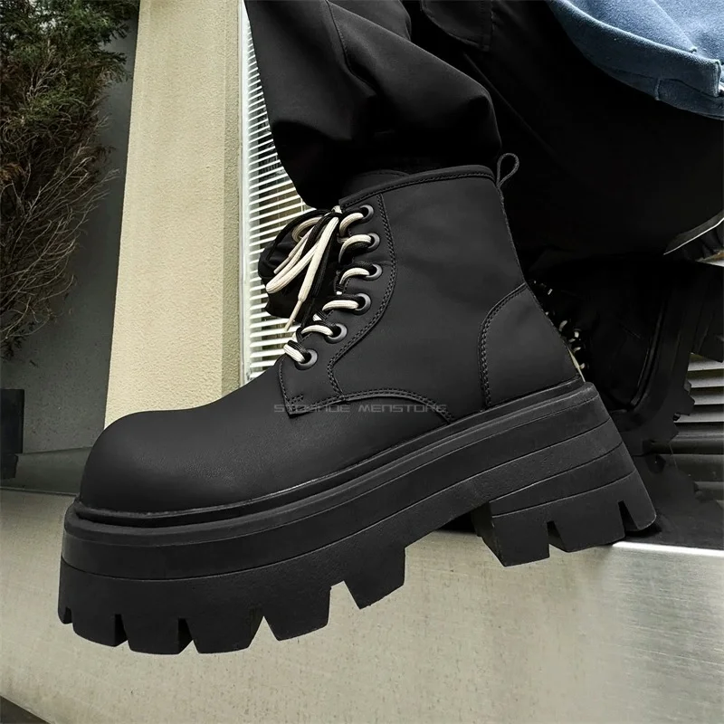 Couple Style Men's Black Boots Lace Up Leather Short Boots for Autumn and Winter Thick Soled and Internally Raised Ankle Boots