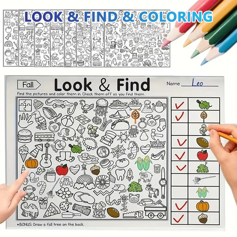 Kids Hidden Objects Look & Find Activity Book, Concentration Training Puzzle Book with Coloring Fun for Homeschool