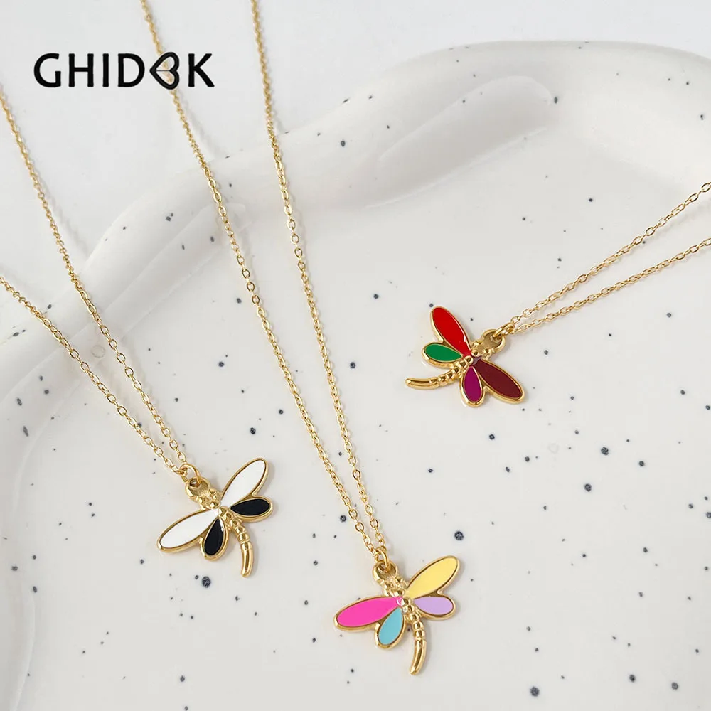 Ghidbk Stainless Steel Gold Plated Enamel Dragonfly Charm Necklace Jewelry for Women Dainty Insect Pendant Christmas Gifts