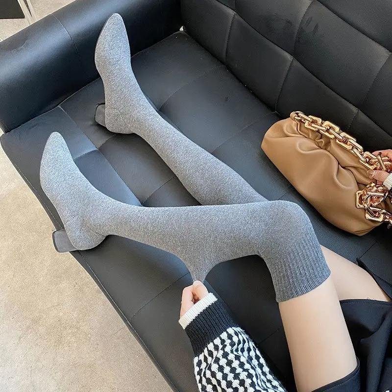 Footwear Sock Thigh High Women\'s Boots Above Over The Knee Shoes for Woman Elastic Middle Heel Waterproof Trend 2024 Gyaru Boot