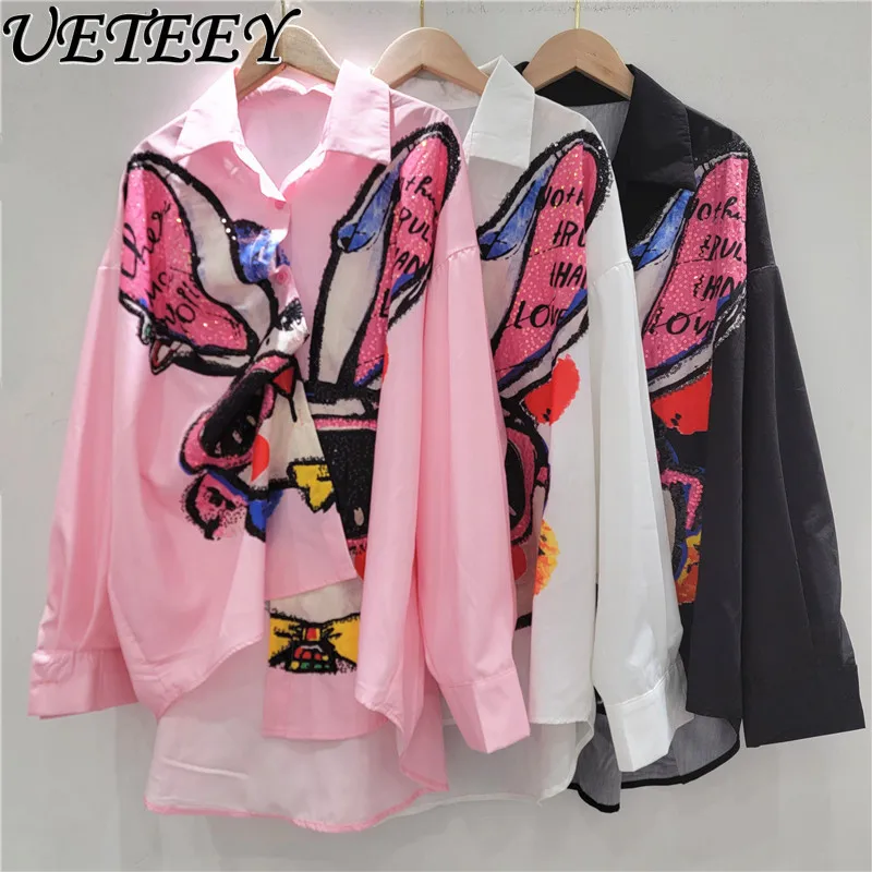 

Trendy Cartoon Printing Long-sleeved Shirt Autumn New Loose Foreign Style Heavy Industry Hot Diamond Cardigan Hip-hop Tops