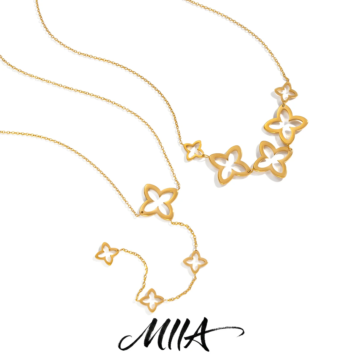 Miia Jewelry Hollow Four Leaf Clover Lariat Y Necklace 18K Gold Stainless Steel Multi Clover Dainty Drop Necklace For Women