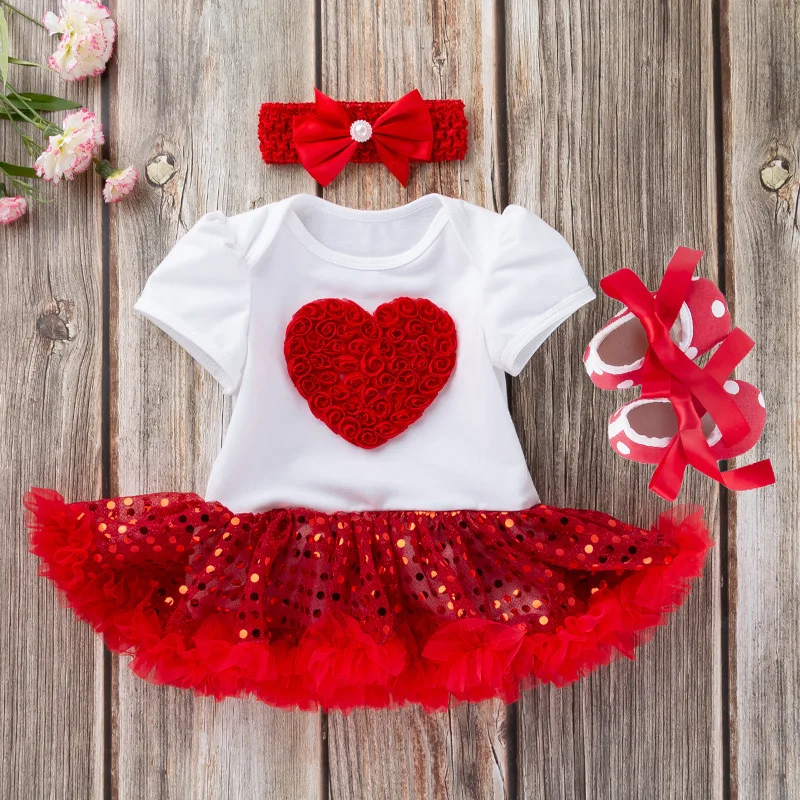 Summer New Baby Mother's Day Short Sleeve Sequin Mesh Romper Dress Heart Dress Baby Shoes Three-Piece Set