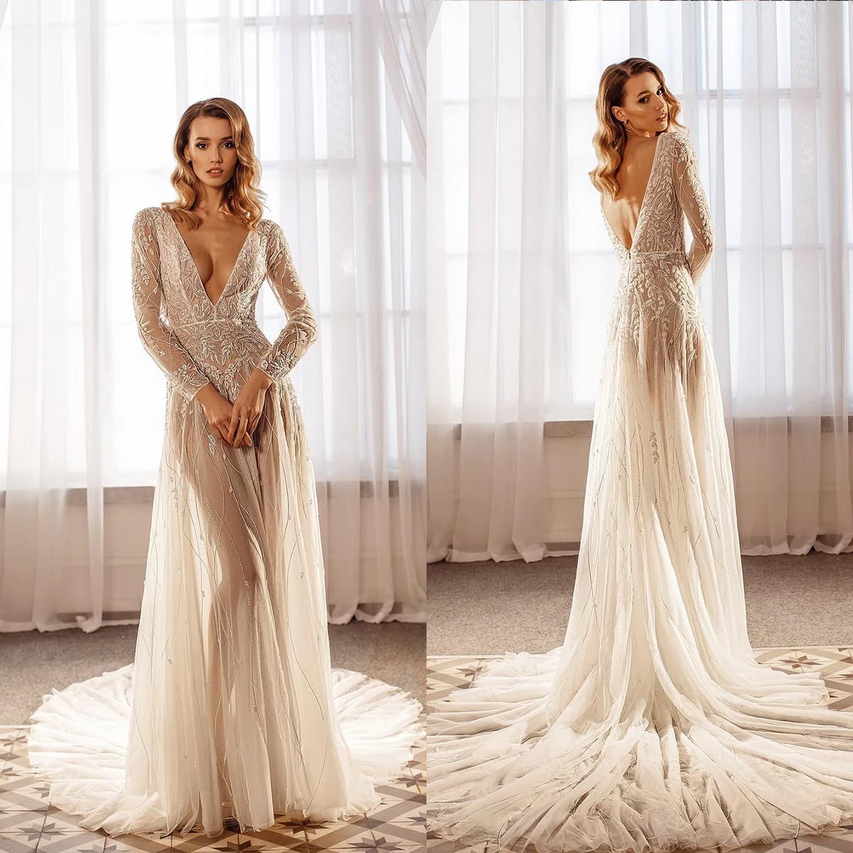 

Gorgeous Women Nightgown Pajamas V-Neck Appliques Long Sleeve Bridal Wedding Bathrobe for Photography Customized