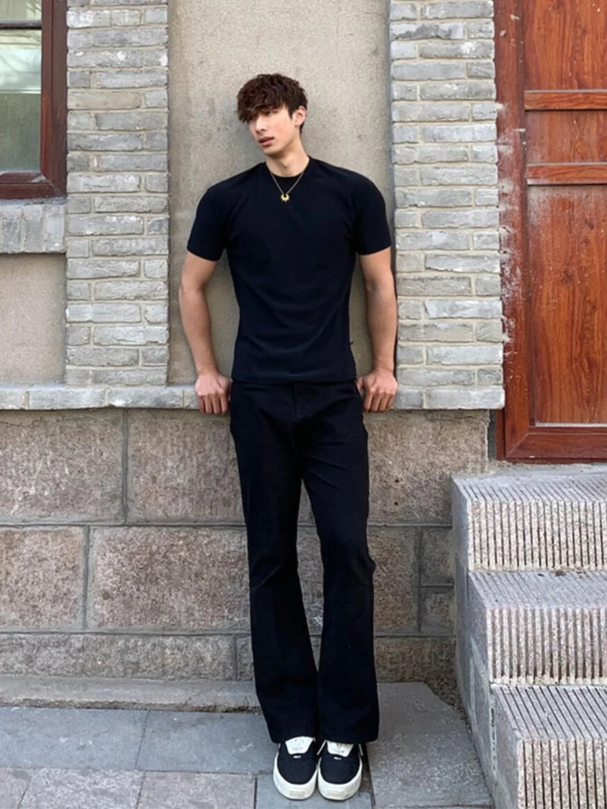 

Black Leaf Blade Jeans Men's Slim Fit Straight Leg High Waist Long Pants Youthful Trendy Straight Tube Trousers