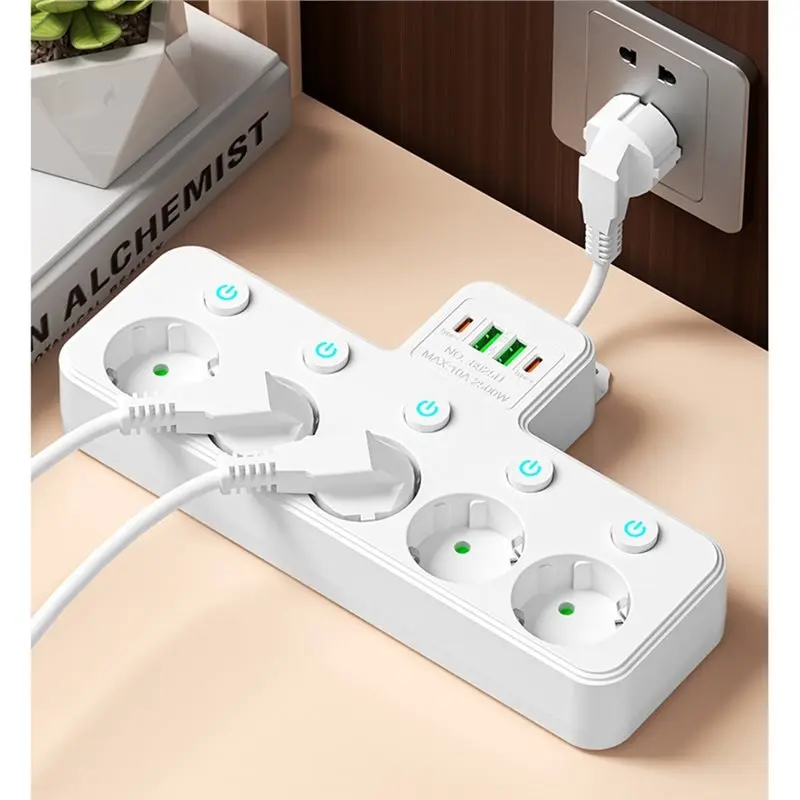 Y50A-EU Plug Home Surge Protector Power Strip AC Outlet Multitap Electrical Socket USB Network Filter B:White