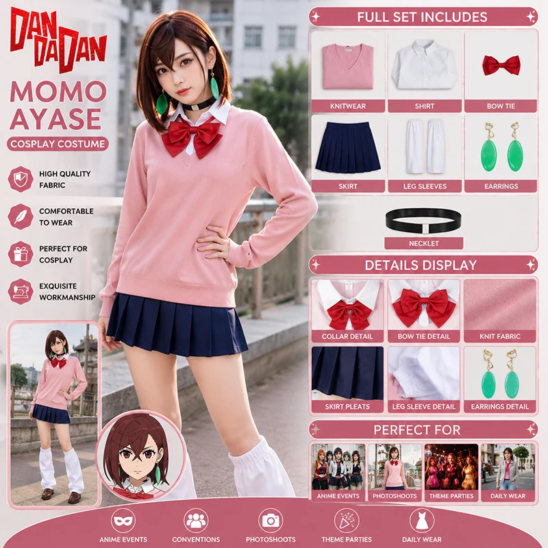 Disfraz de Cosplay de Momo Ayase, Peluca, Vestido de Anime Dandadan, Falda, Uniforme Escolar, Pendiente, Gargantilla, Traje para Fiesta de Halloween, Comic Con, Juego de Roles