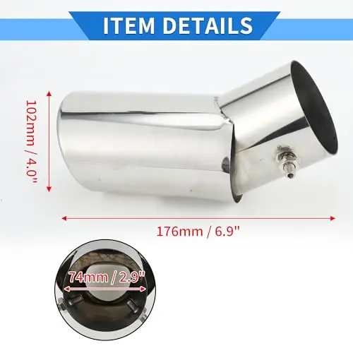 

Stainless Steel Universal Bolt-On Curved Exhaust Tip With Slant Cut, 74mm Inlet, 102mm Outlet, 176mm Length