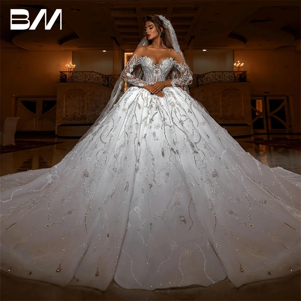 Off-The-Shoulder Long Sleeve Wedding Dress For Women 2024 Ball Gown Luxury Beaded Bride Dresses With Crystals Sequin Bridal Gown