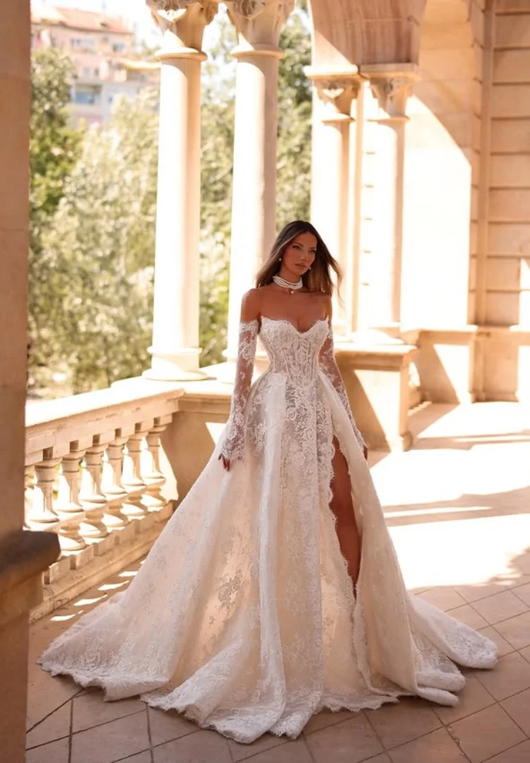 Long Sleeve Wedding Dress Vestido De Noiva Minimalista Elegante 2027 A Line Encaje Boda 2 En 1 Desmontable Basque Waist Bridal