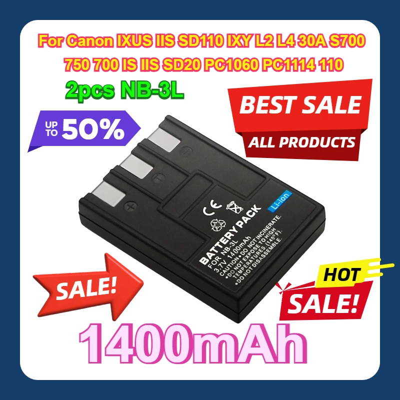 

2PCS For Canon IXUS IIS SD110 IXY L2 L4 30A S700 750 700 IS IIS SD20 PC1060 PC1114 110 NB 3L Camera 1400mAh NB-3L NB3L Battery