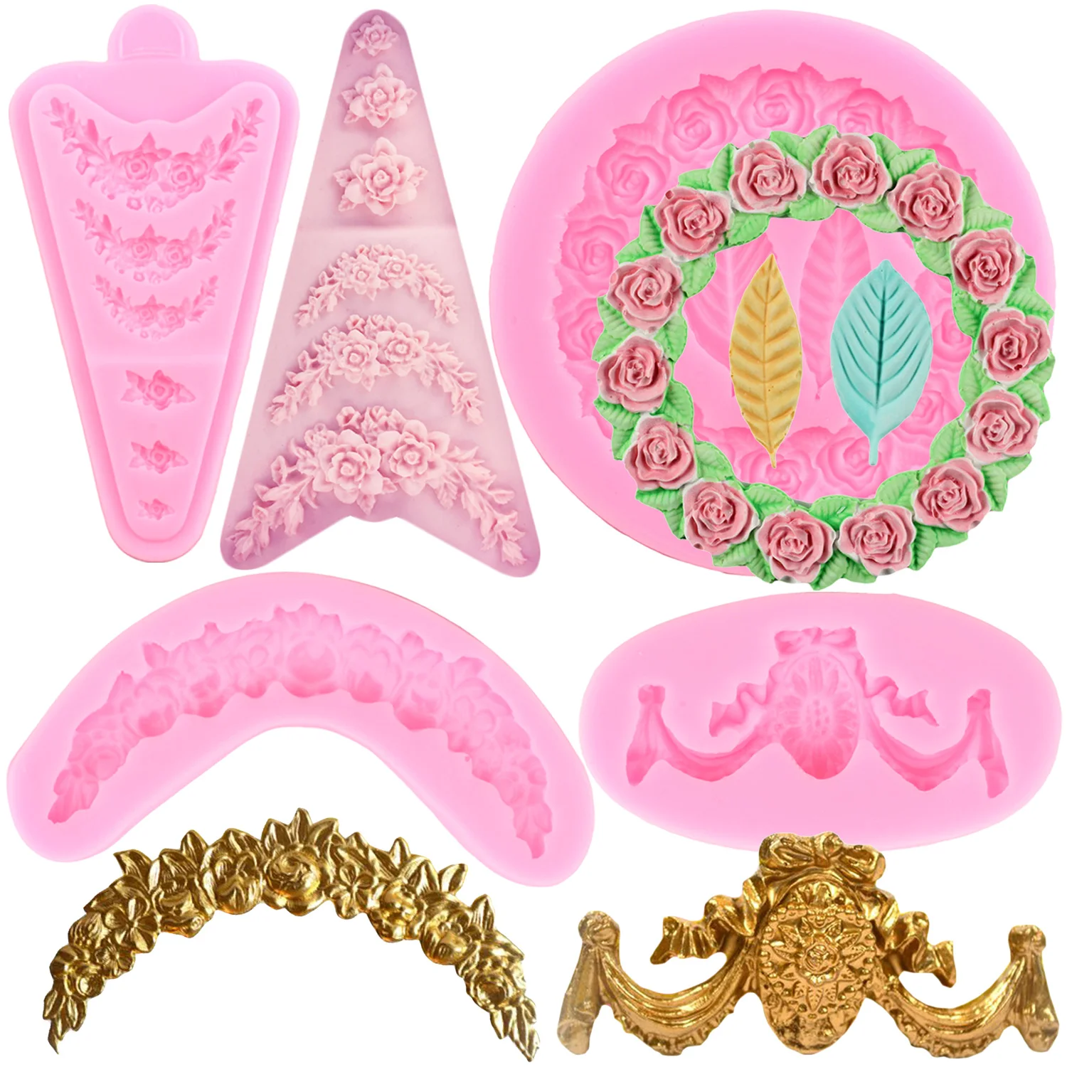 Rose Wreath Leaves Silicone Molds Flower Garland Fondant Mold Cake Decorating Tools Cupcake Topper Chocolate Candy Clay Moulds