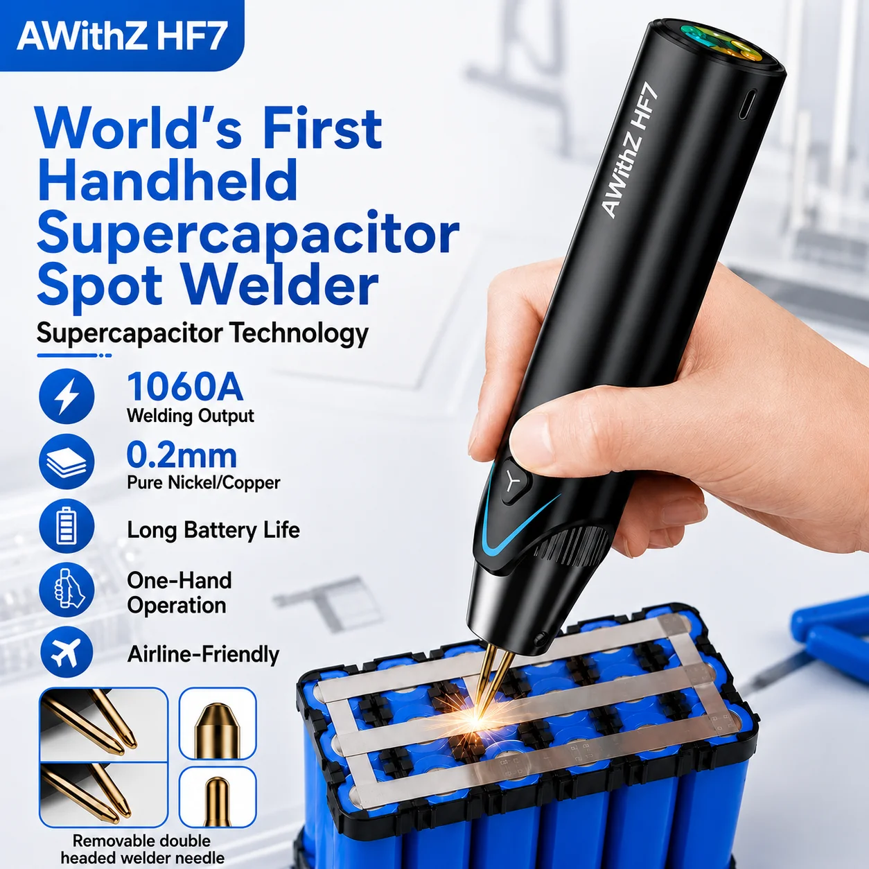AWithZ HF7 Portable Supercapacitor Spot Welder, Handheld Mini Welder for DIY 18650 Battery Packs, Nickel Strip & Stainless Steel