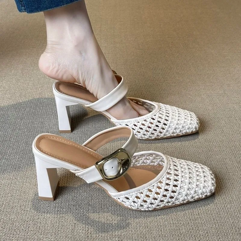 One Strap Block Heel Sandals Square Toe Shallow Mouth Woven Metal Buckle High Heel Slippers