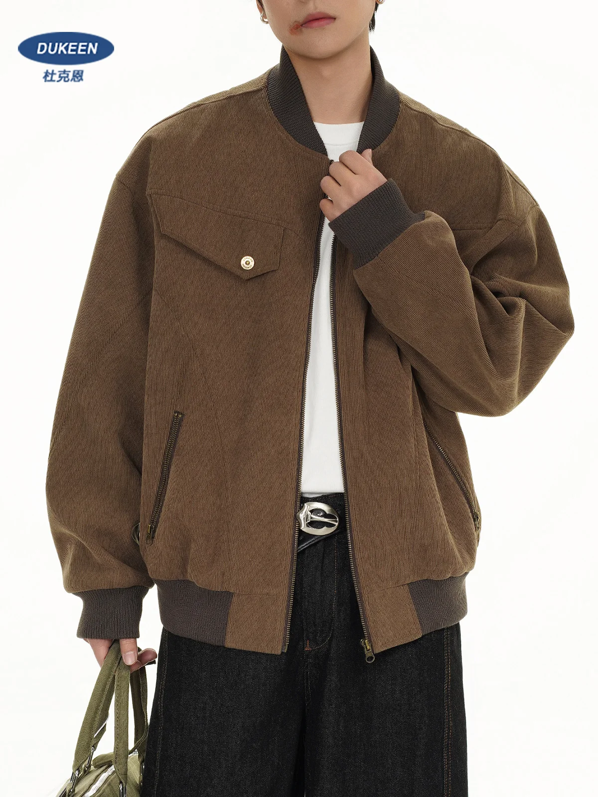 

DUKEEN вельветовая куртка-бомбер для мужчин, весенне-осенняя винтажная рабочая одежда, стильная куртка Harrington, повседневная уличная одежда с бейсбольным воротником