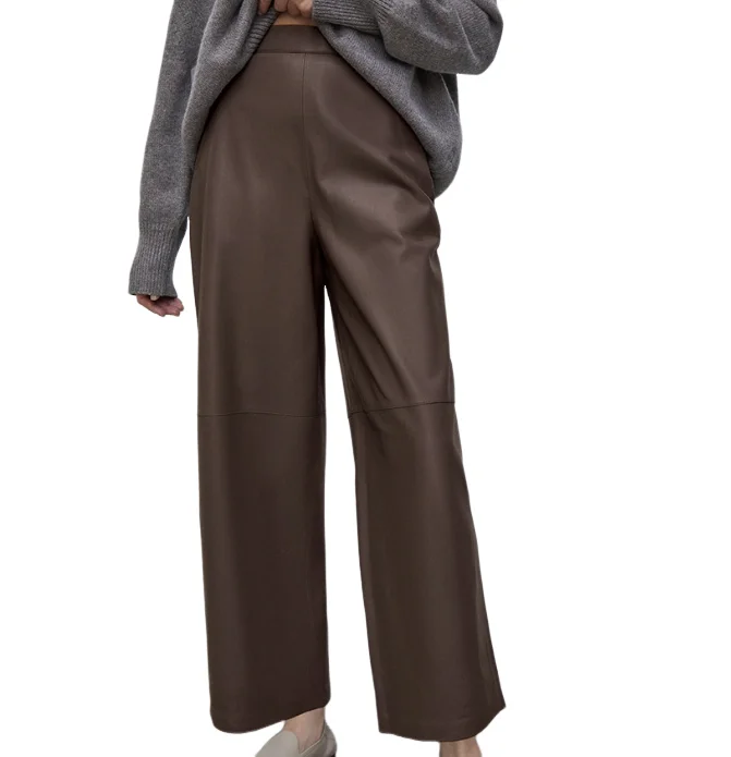 Women's Pants 2023 Autumn New Fashion Versatile Pocket Design Brown Leather Straight Leg Pants High Waisted Casual Leather Pants