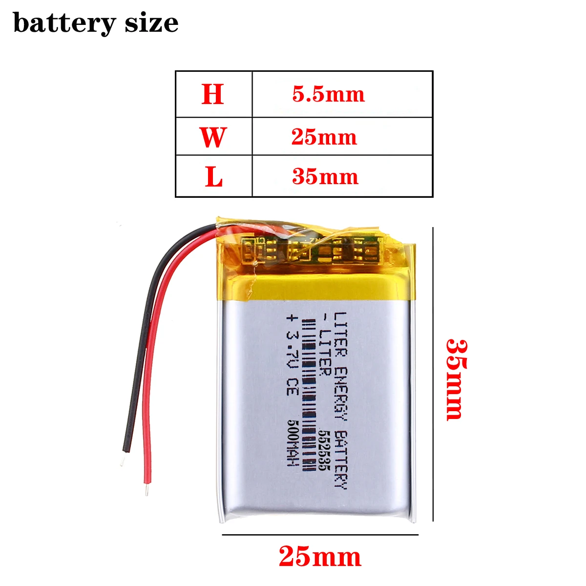 Polymer lithium ion battery 500MAH 3.7 V, 552535 CE FCC ROHS MSDS quality certification