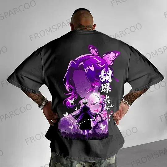 Kimetsu No Yaiba Shinobu 2026 New Hot Anime T - Shirt Summer Men's Black Cotton with Purple Butterfly and Text Print Casual