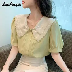 Women Summer Sweet Elegant Shirt 2022 Korean Lady Graceful Casual Peter Pan Collar Puff Sleeve Blouse Fashion Green Tops Female