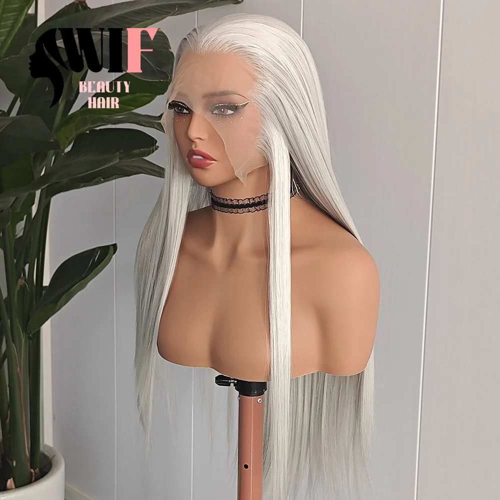 WIF-Peluca de Cosplay gris plateado, pelucas frontales de encaje sintético liso para mujeres y hombres, pelo liso Natural largo, pelo liso plateado