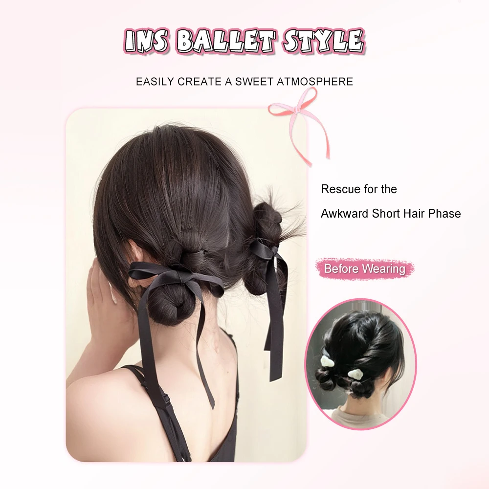 Synthetic Natural Fake Hair Bow Bun Fluffy Claw Chignon Straight Updo Hairpiece High Temperture Kittybow Styling Tools