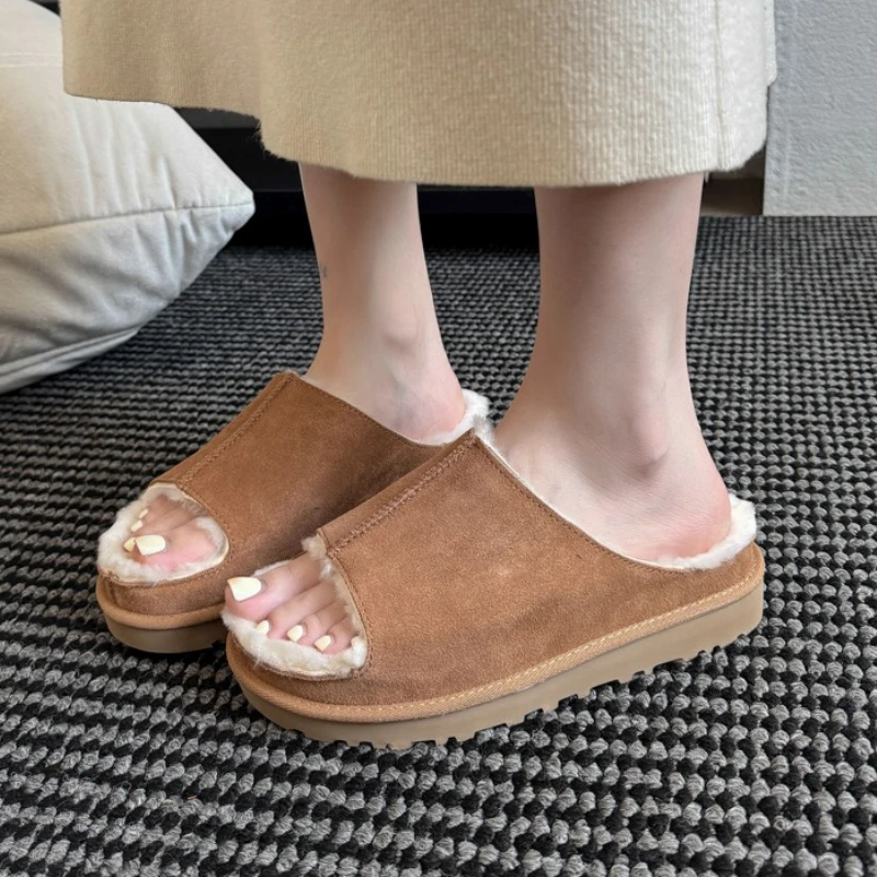 

Women Fur Slippers Suede Short Plush Flats Shoes New Casual Open Toe Flip Flops 2025 Winter Slingback Home Cotton Slides Zapatos