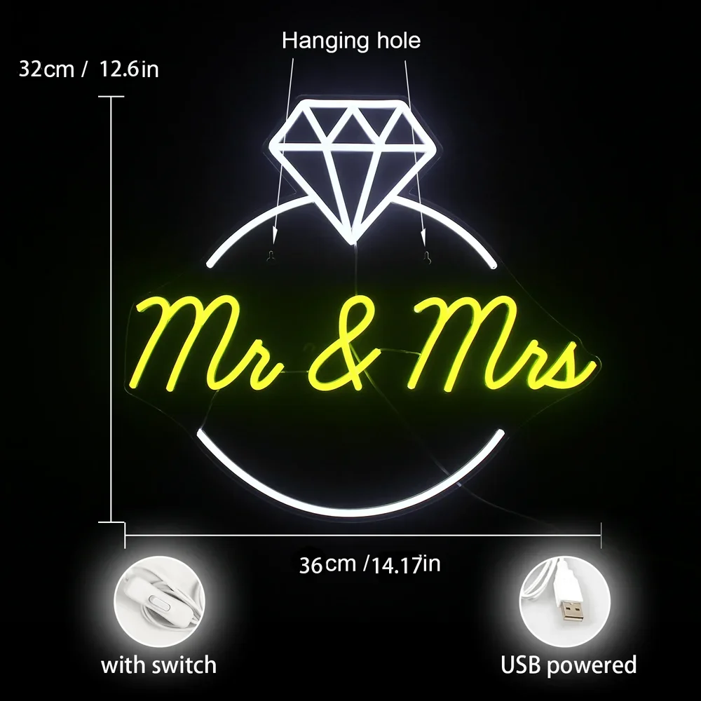 Mr and Mrs Ladie Diamond Neon Signs LED Lights Wedding Decoration Wall Art Logo For Proposal Party Home Bedroom Luminous Sign