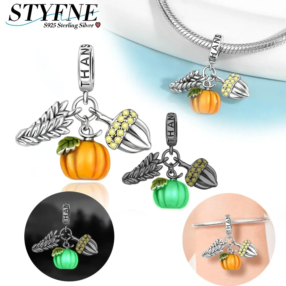 925 Sterling Silver Night Glow Pumpkin Wheat Vegetable Charm Beads for Women fit Pandora Original Bracelet Diy High Jewelry Gift