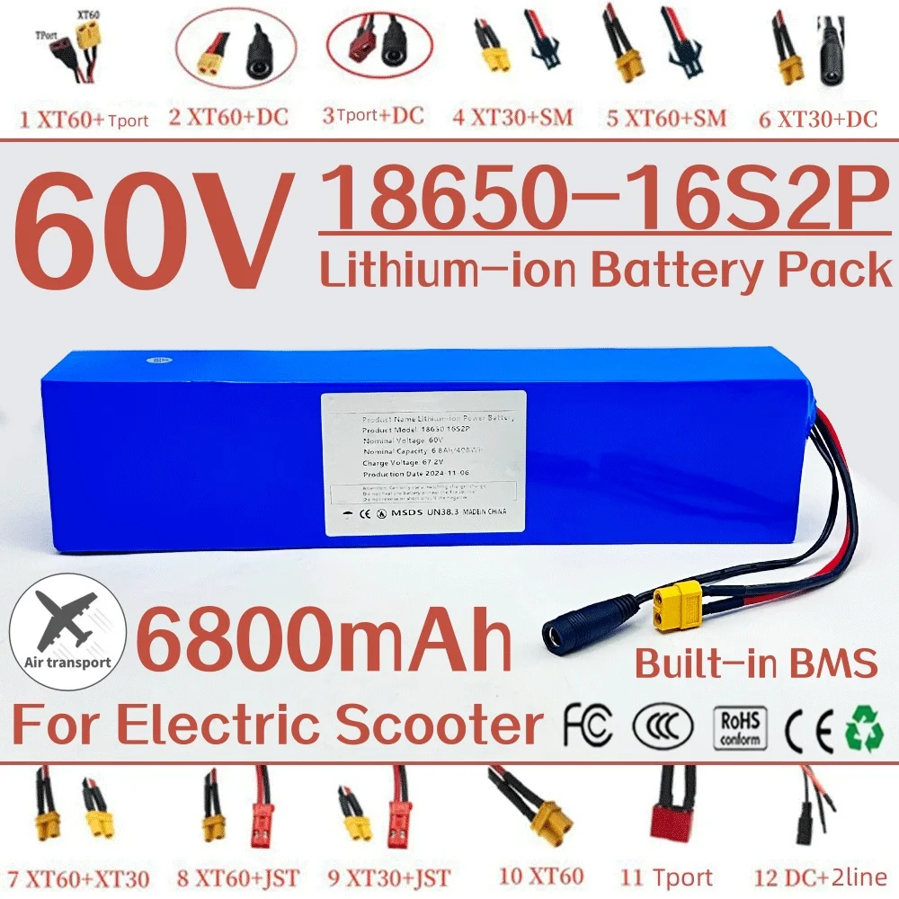 

60V Battery Pack 6800mAh 16S2P 18650 Lithium-ion Cell For Electric Scooter 1000W BMS Protection Charger