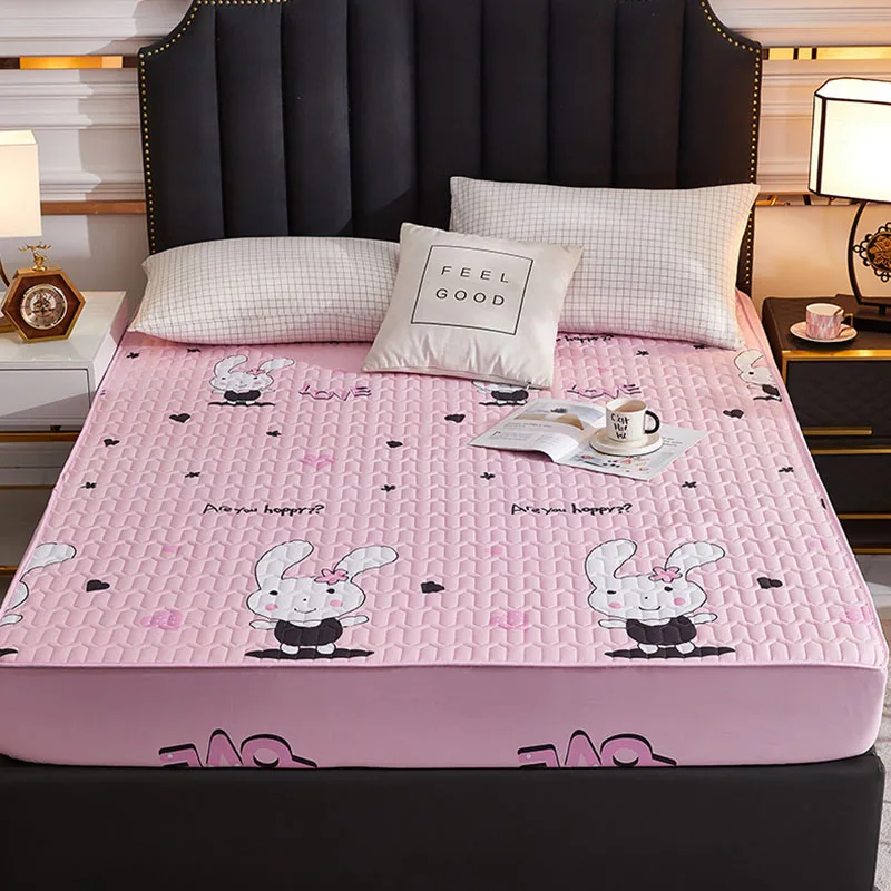 Cartoon Quilting Waterproof Fitted Sheet Cute Printed Padded Mattress Protector Skin-Friendly Non-Slip Mat with Elastic Band