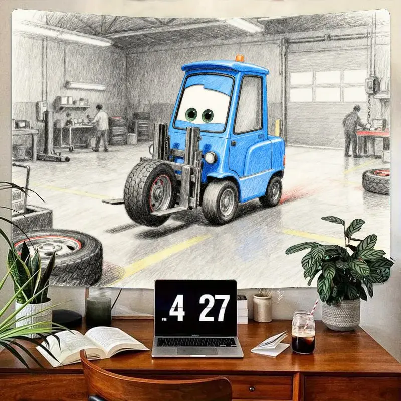 

1PC Disney Pixar Cars Guido Blue Forklift Garage Tapestry, Sketch Art Wall Decor for Kids Room, Boys Gift & Car Fans