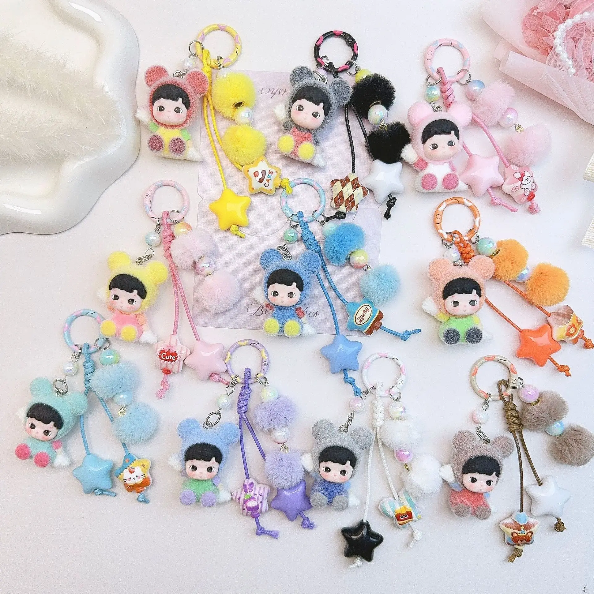 

New Baby Three Keychain Cute Cartoon Creativity Schoolbag Pendant New Fashion Exquisite Flocking Toy Pendant Gift