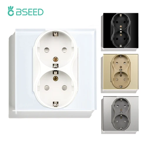 BSEED EU 표준 이중 소켓, 유럽 이중 전원 콘센트, 110-250V 유리 패널, 화이트 블랙 전기 플러그, 홈 개조 