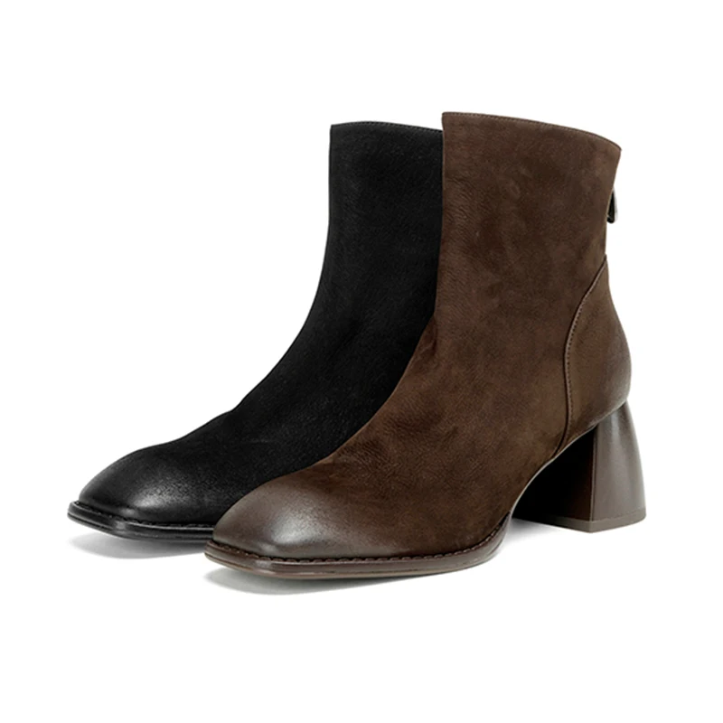 

Autumn Winter Ankle Boots Shoes Square Toe Genuine Leather Black And Brown High Quality Fashion Women Boots High Heels